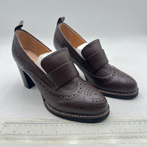 YDN Saddle Brown Chunky High Heels Round Toe Oxford Loafer Dress Shoe - Picture 4 of 8